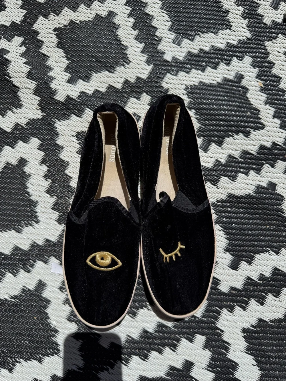 Soludos Black Velvet Slip-Ons with Gold Eye Embroidery